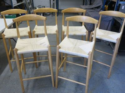 6 x Light Wood & Weave Bar Stools, Size H107cm.