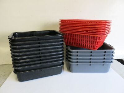 24 x Assorted Plastic Containers to Include: 10 x Deep Black Bowls, 5 x Deep Dark Grey Bowls & 9 x Red Stacking Baskets.