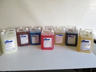 16 x Assorted Cleaning Fluids to Include: 5 x 5L 10A Limescale Remover, 4 x 5L 7B Oven Spray, 4 x 5L 8A Bacti Hand Soap, 1 x 5L 50 Heavy Duty Liquid Degreaser, 1 x 5L Bac D10 & 1 x 5L A5 Rinse.