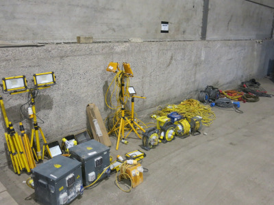 Large Quantity of Site Work Lighting & Electrical Cables to Include: 9 x 3 Phase Extension Leads, 2 x Single Phase Extension Leads, 3 x Single Phase Extension Reels, 2 x Blakley Site Transformers, Model STSC/3/RCD/S2, 2 x 3.0 KVA Transformers, 4 x 110v R