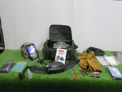 Bag Containing Automatic Welding Mask with P100 Series Air Filtration System, Spare Filters & Pair of Leather Sleeves.