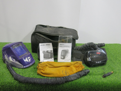 Bag Containing Parweld Automatic Welding Mask with P100 Series Air Filtration System & Pair of Leather Sleeves.
