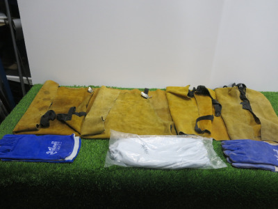 4 x Leather Welding Aprons, 2 x Pairs of Gloves & 1 x Pair of Sleeves.