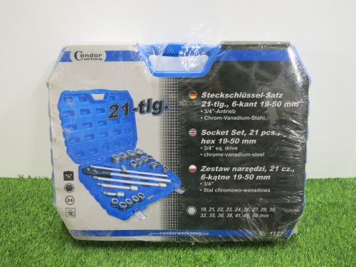 New Condor Werkzeug Industrial Quality Chrome Vanadium Steel, 21 Pcs Socket Set, Hex 19-50mm, Hex 3/4" Sq Drive. Comes in Plastic Carry Case.