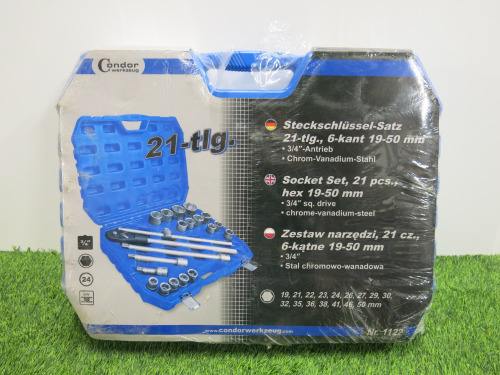 New Condor Werkzeug Industrial Quality Chrome Vanadium Steel, 21 Pcs Socket Set, Hex 19-50mm, Hex 3/4" Sq Drive. Comes in Plastic Carry Case.
