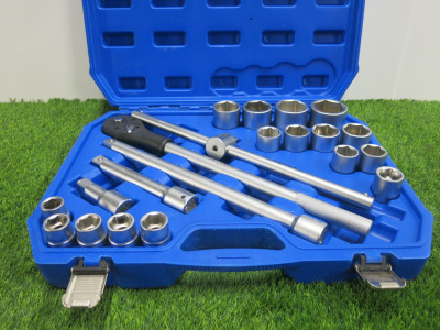 Condor Werkzeug Industrial Quality Chrome Vanadium Steel, 21 Pcs Socket Set, Hex 19-50mm, Hex 3/4" Sq Drive. Comes in Plastic Carry Case.