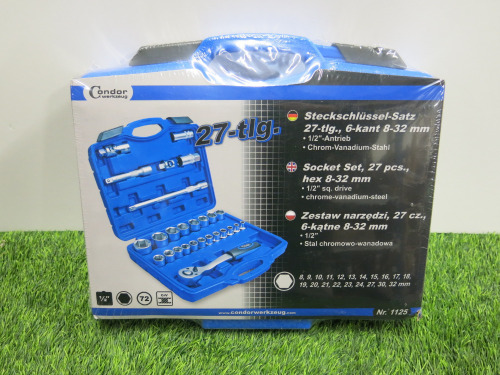 New Condor Werkzeug Industrial Quality Chrome Vanadium Steel 27 Pcs Socket Set, Hex 8-32mm, 1/2" Sq Drive. Comes in Plastic Carry Case.