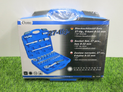 New Condor Werkzeug Industrial Quality Chrome Vanadium Steel 27 Pcs Socket Set, Hex 8-32mm, 1/2" Sq Drive. Comes in Plastic Carry Case.