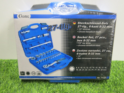 New Condor Werkzeug Industrial Quality Chrome Vanadium Steel 27 Pcs Socket Set, Hex 8-32mm, 1/2" Sq Drive. Comes in Plastic Carry Case.