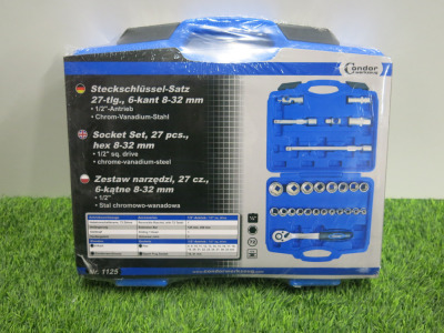 New Condor Werkzeug Industrial Quality Chrome Vanadium Steel 27 Pcs Socket Set, Hex 8-32mm, 1/2" Sq Drive. Comes in Plastic Carry Case.