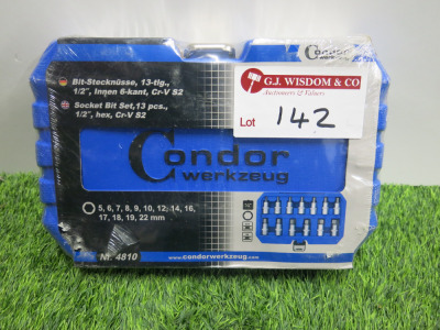 New Condor Werkzeug Industrial Quality Chrome Vanadium Steel 13 Pcs Socket Bit Set, Hex 5-22mm, 1/2" Sq Drive. Comes in Plastic Carry Case.