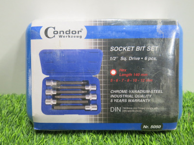 New Condor Werkzeug Industrial Quality Chrome Vanadium Steel 6 Pcs Socket Bit Set, Hex Length 140mm, 5-12mm, 1/2" Sq Drive. Comes in Carry Plastic Carry Case.