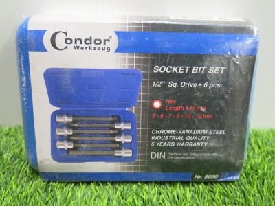 New Condor Werkzeug Industrial Quality Chrome Vanadium Steel 6 Pcs Socket Bit Set, Hex Length 140mm, 5-12mm, 1/2" Sq Drive. Comes in Carry Plastic Carry Case.