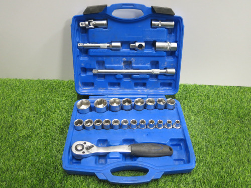 Condor Werkzeug Industrial Quality Chrome Vanadium Steel 27 Pcs Socket Set, Hex 8-32mm, 1/2" Sq Drive. Comes in Plastic Carry Case.