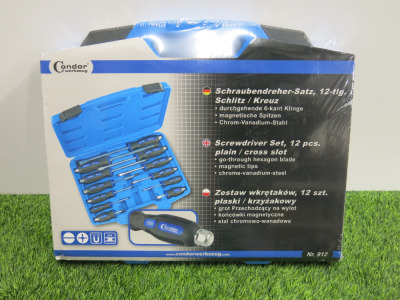 New Condor Werkzeug Industrial Quality Chrome Vanadium Steel 12 Pcs Screwdriver Set. Comes in Plastic Carry Case.