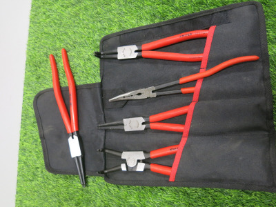 5 x Assorted Knipex Hand Tools to Include: 2 x Bent External Circlip Pliers, 1 x Long Reach Needle Nose Pliers & 2 x J4 Pliers. Comes with Soft Carry Case.