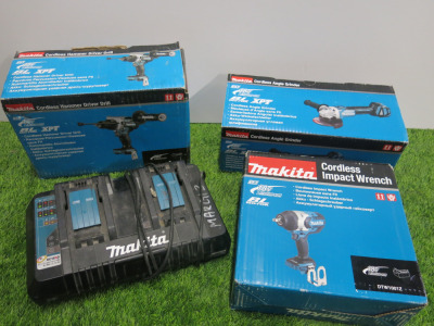 3 x Assorted Makita 18v Cordless Tools to Include: 1 x Cordless Hammer Drill, Model DHP486Z, 1 x Cordless 5" Angle Grinder, Model DGA513Z & 1 x Cordless Impact Wrench, Model DTW1001Z. Comes with Makita DC18RD Twin Charger. NOTE: batteries required.