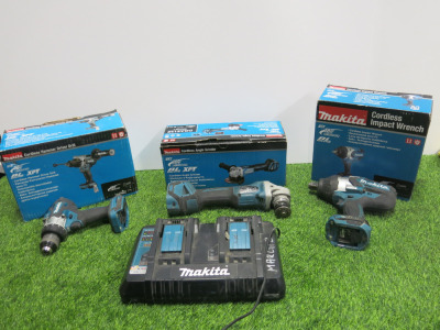 3 x Assorted Makita 18v Cordless Tools to Include: 1 x Cordless Hammer Drill, Model DHP486Z, 1 x Cordless 5" Angle Grinder, Model DGA513Z & 1 x Cordless Impact Wrench, Model DTW1001Z. Comes with Makita DC18RD Twin Charger. NOTE: batteries required.