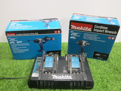 2 x Assorted Makita 18v Cordless Tools to Include: 1 x Cordless Hammer Drill, Model DHP486Z & 1 x Cordless Impact Wrench, Model DTW1001Z. Comes with Makita DC18RD Twin Charger. NOTE: batteries required.