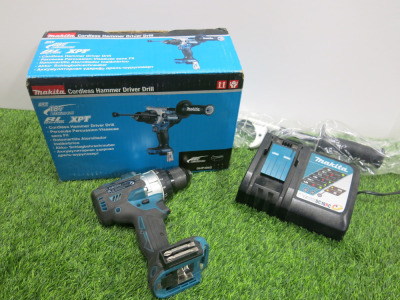 Makita Cordless Hammer Driver Drill, Model DHP486, 18V. Comes with Makita DC18RC Single Charger. NOTE: batteries required.