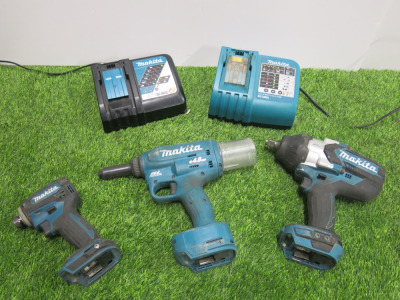 3 x Assorted Makita 18v Cordless Tools to Include: 1 x Cordless Impact Wrench, Model DTW1002, 1 x Impact Driver, Model DTD172 & 1 x Rivet Gun, Model DRV150. Comes with 2 x Makita DC18RCA Single Charger. NOTE: batteries required.