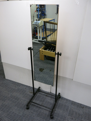 Upright Free Standing Mirror on Black Metal Frame with Wheels.