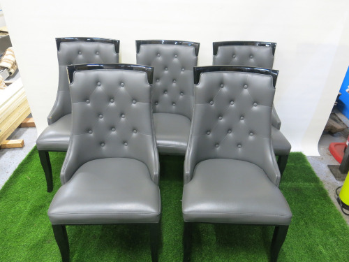 8 x Grey Button Back Faux Leather High Back Dining Chairs with Black Gloss Legs.