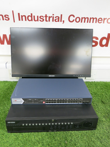 CCTV System to Include: HikVision Network Video Recorder, Model DS-9632NI-I8, HikVison Ethernet Switch, Model DS-3E0528HP-E & HikVision 27.5" Monitor, Model DS-D5027F (No Stand). NOTE: no power supplies or remotes.