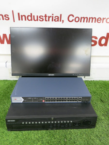 CCTV System to Include: HikVision Network Video Recorder, Model DS-9632NI-I8, HikVison Ethernet Switch, Model DS-3E0528HP-E & HikVision 27.5" Monitor, Model DS-D5027F (No Stand). NOTE: no power supplies or remotes.