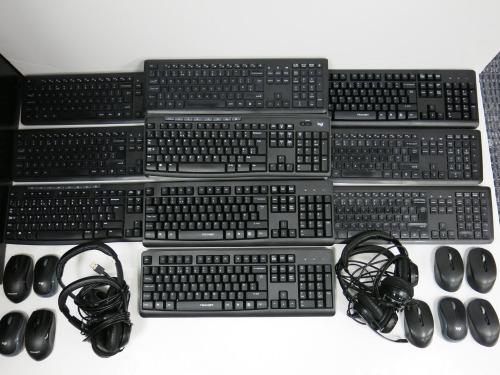 Lot of Assorted IT Equipment to Include: 13 x Mixed Brand Wireless Keyboards, 3 x Wired Keyboards, 10 x Wireless Mice, 4 x Wired Mice, 5 x Logi Headphones & 3 x Foldable Aluminium Laptop Stands.