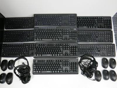 Lot of Assorted IT Equipment to Include: 13 x Mixed Brand Wireless Keyboards, 3 x Wired Keyboards, 10 x Wireless Mice, 4 x Wired Mice, 5 x Logi Headphones & 3 x Foldable Aluminium Laptop Stands.