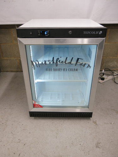 Tefcold Single Door "Marshfield Farm Dairy Ice Cream" Branded Display Freezer, Model UF200G. Size H85cm x W60cm x D58cm.