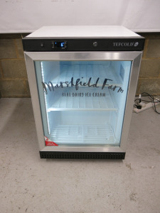 Tefcold Single Door "Marshfield Farm Dairy Ice Cream" Branded Display Freezer, Model UF200G. Size H85cm x W60cm x D58cm.