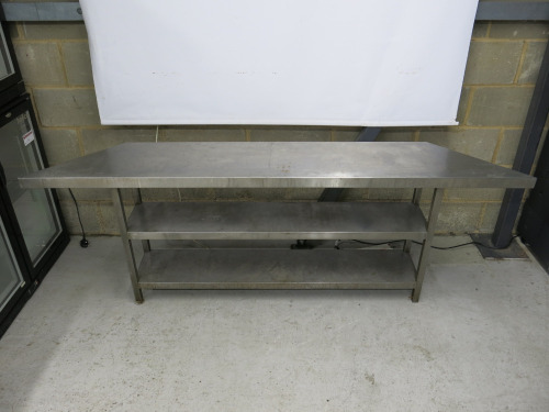 Stainless Steel Table with 2 Shelves Under. Size H73cm x W140cm-210cm x D35cm. NOTE: missing foot.