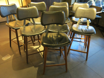 8 x Black Leather & Walnut Style Wood Bar Stools with Padded Seat & Backrest.
