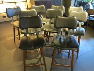 9 x Black Leather & Walnut Style Wood Bar Stools with Padded Seat & Backrest.