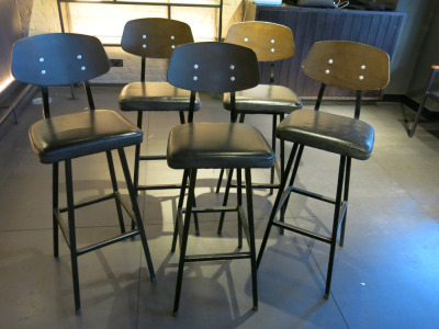 5 x Black Leather Padded Seat, Wood Backrest & Metal Frame Bar Stools.