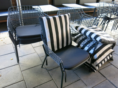 8 x Emu Wide Outdoor Black Metal Wire Wide Armchairs with 7 x Plain Padded Seat Cushions & 8 x Black & White Striped Cushions. Size 55 x 55cm.