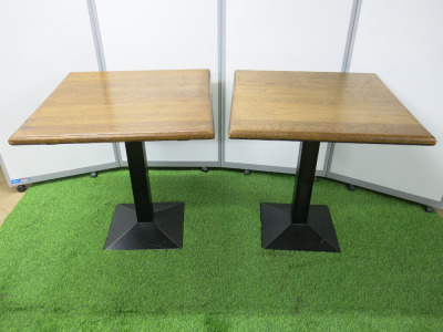 8 x Square Stained Heavy Wood Top Tables with Black Metal Square Base. Size H78cm x W75cm x D75cm.
