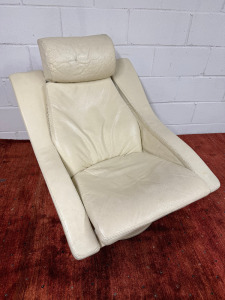 Vintage Cream Leather Swivel Wooden Frame Chair.