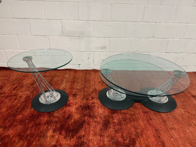 Set of Naos Gemelli Glass & Chrome Coffee Tables to Include: Single Side Table & Matching Adjustable Fold-Out 2 section Coffee Table. NOTE: damage to glass as pictured.