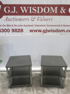Pair of Matching Heavy Side Tables with Metal Effect Tops & 2 Shelves Under on Brushed Metal Feet. Size H62 x W60 x D60cm.