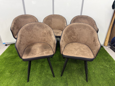 10 x Taupe Brown & Black Faux Leather Dining Chairs with Black Metal Legs. Size H77 x W55cm.