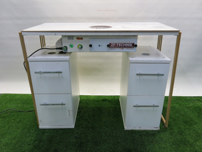 Nail Technician Workstation with Gold Frame, Tile Top & 2 x 2 Draw Peds with Built in Extraction Unit Model ZF-Technik. Size H79cm x W100cm x 50cm.