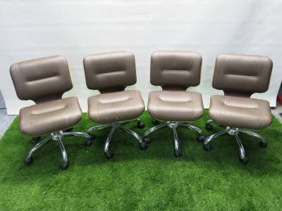 4 x Height Adjustable Wood Framed, Beauty Technician Swivel Chairs in Brown Vinyl Material.