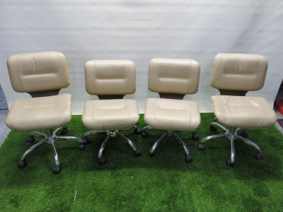 4 x Height Adjustable Wood Framed, Beauty Technician Swivel Chairs in Beige Vinyl Material.