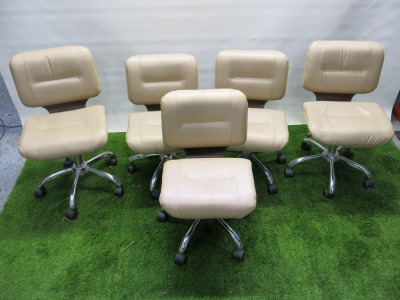 5 x Height Adjustable Wood Framed, Beauty Technician Swivel Chairs in Beige Vinyl Material.