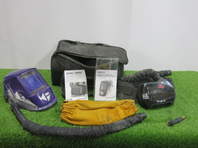 Bag Containing Parweld Automatic Welding Mask with P100 Series Air Filtration System & Pair of Leather Sleeves.