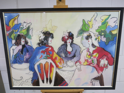 Vintage Framed & Glazed Limited Edition Artwork 9/50 on Silk, Signed by Artist Avi, Featuring 'Women Having Tea'. Size H84 x W114cm.