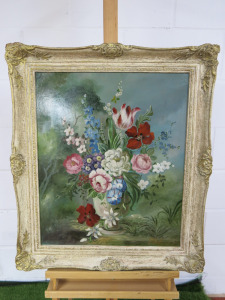 Vintaged Framed Acrylic on Board Artwork, Flower Painting, Signed by Artist P.Shiff. Size H75 x W66cm.